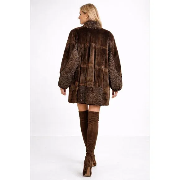 Vintage Natural Sheared Mink & Afghan Karakul Fur Coat Brown Swing Luxury Women - Picture 7 of 16
